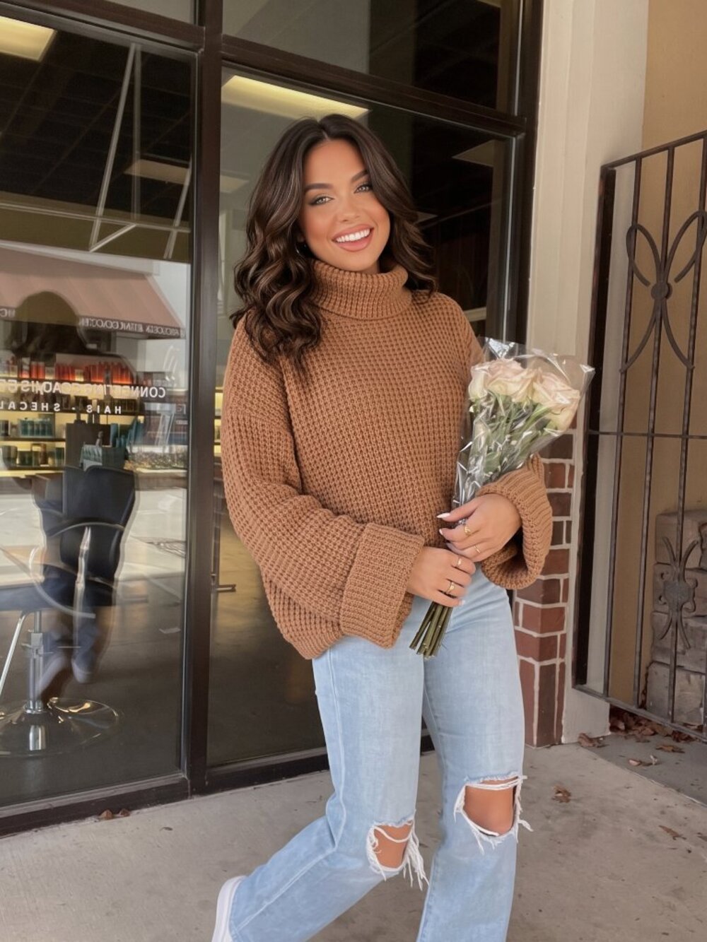 Women's Camel Waffle Knit High Neck Sweater Drop Shoulder Long Sleeve